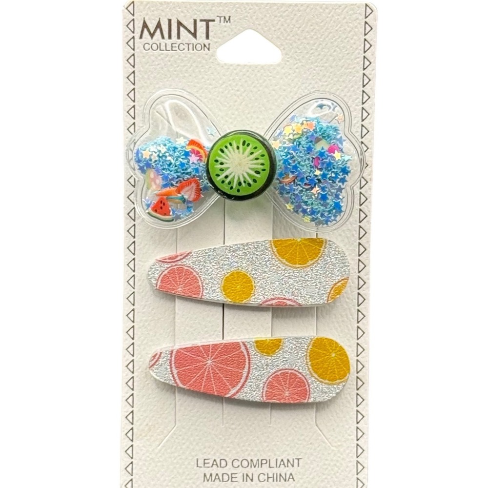 Mint Collection Kids Fruit Hair Clips Set Shaker Bow Kiwi Orange Grapefruit 3pc